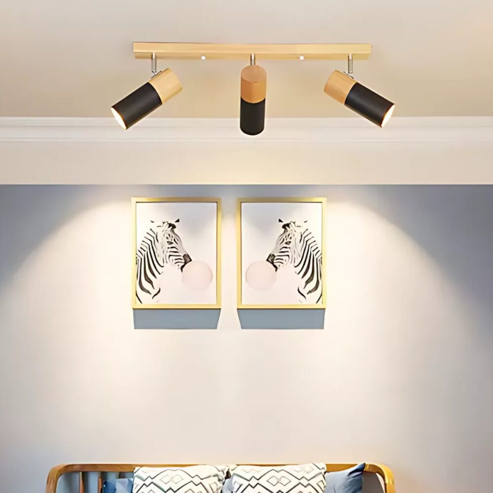 on voit dans un salon un plafonnier 3 spots de couleur noir il est en fer et en bois