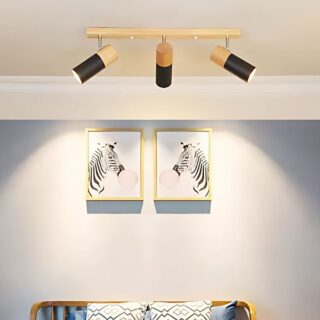 on voit dans un salon un plafonnier 3 spots de couleur noir il est en fer et en bois