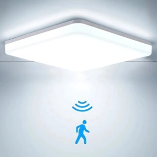 Plafonnier détecteur de mouvement carré avec un éclairage blanc. Un symbole et un bonhomme bleu sous le plafonnier.
