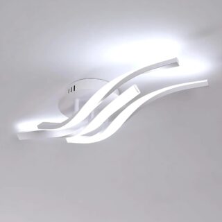 Plafonnier LED au design ondulé de couleur blanche composé de 3 brins lumineux torsadés et fixés sur un support rond blanc.