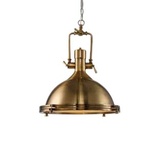 Plafonnier industriel vintage suspendu en métal doré, avec écrous apparents, sur fond blanc.