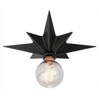 Plafonnier en métal design en forme d’étoile noire avec ampoule globe apparente.