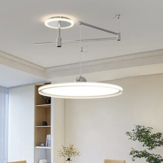 Plafonnier déporté au design élégant avec un bras oscillant chromé et un cercle lumineux plat suspendu. Le socle au plafond à le contour lumineux. On voit une étagère au mur et une plante verte sur la droite.