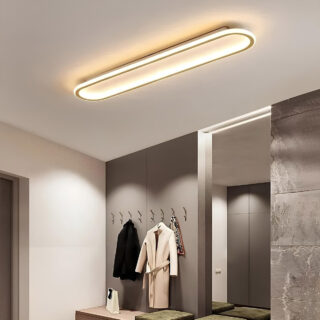 Plafonnier LED plat ultra fin dans un hall d'entrée spacieux et sobrement luxueux