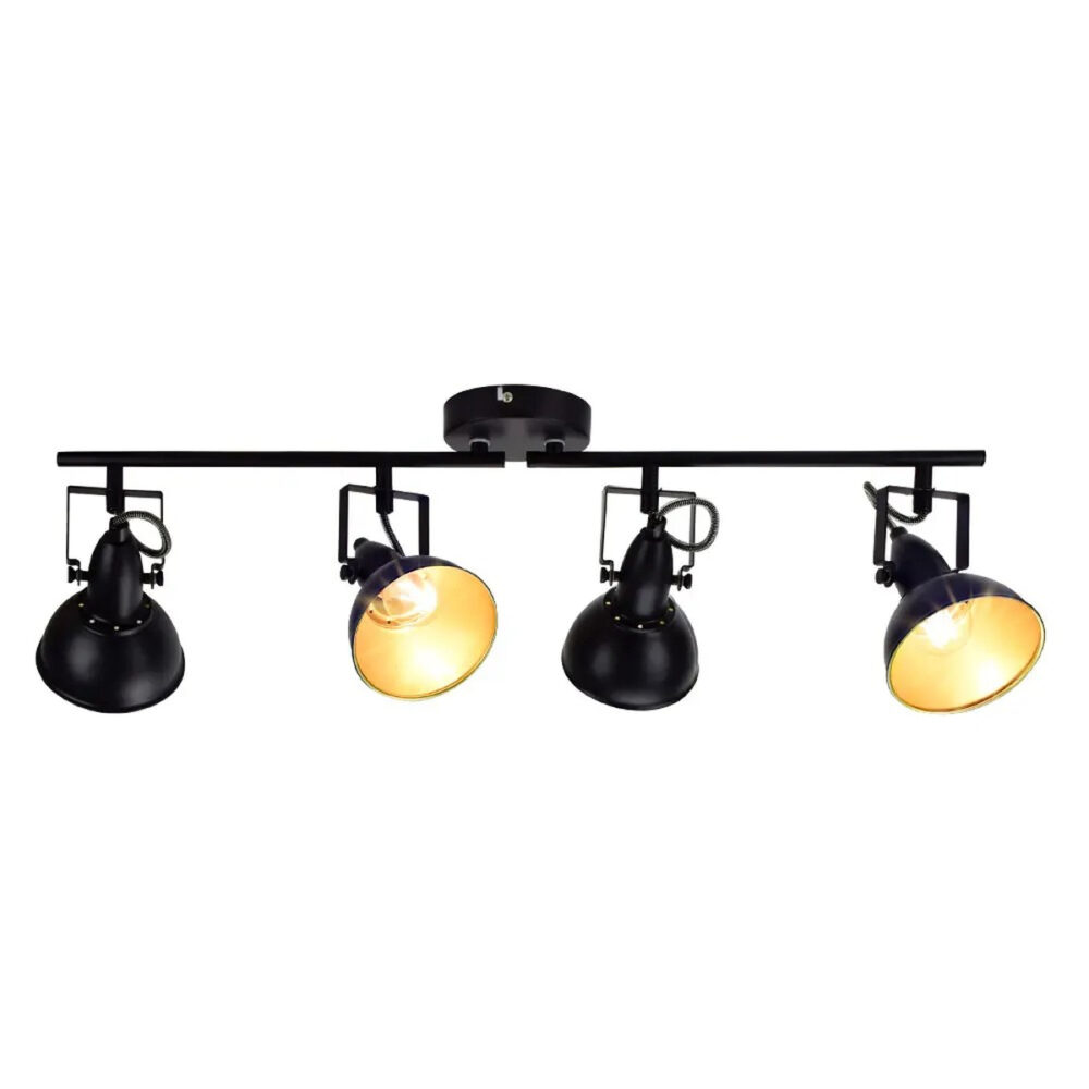 Plafonnier orientable style industriel quatre spots noir sur fond blanc.