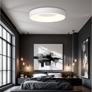 Plafonnier Rond blanc en forme de cercle qui illumine une chambre à coucher