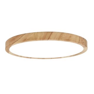 Plafonnier LED rond de style scandinave en bois et un diffuseur de lumière au centre. Sur fond blanc.