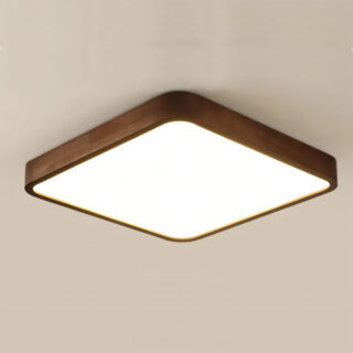 Plafonnier pour WC carré en bois collé au plafond beige.
