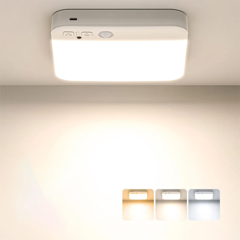 Plafonnier rechargeable sans branchement électrique allumé, affichant en bas à droite trois températures de couleur différentes (blanc chaud, neutre et froid)