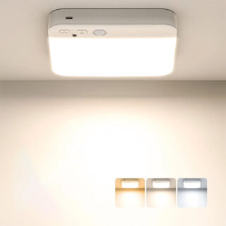 Plafonnier rechargeable sans branchement électrique allumé, affichant en bas à droite trois températures de couleur différentes (blanc chaud, neutre et froid)