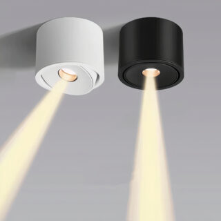 Duo de petit plafonnier spot encastrable compact noir et blanc de forme ronde et cylindrique fixé sur un plafond gris.