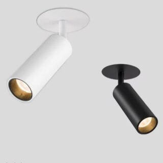 Duo noir et blanc de petit plafonnier spot orientable à 360 de forme ronde et cylindrique.