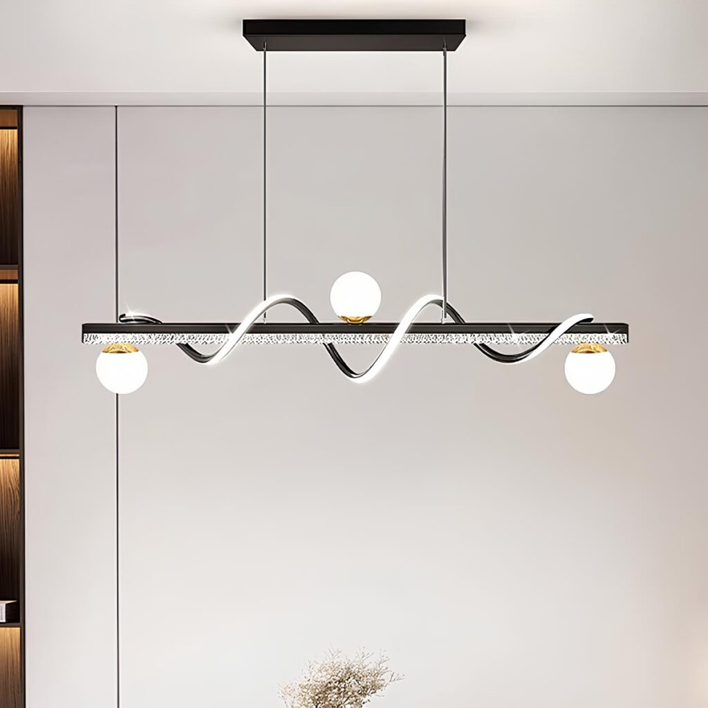 Plafonnier suspendu à vague lumineuse Plafonnier suspendu à vague lumineuse noir face à un mur blanc