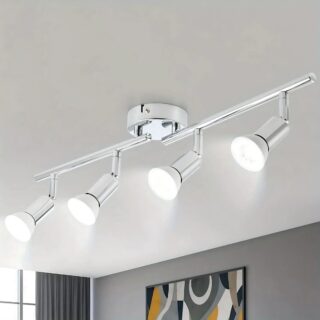Plafonnier spots orientables couleur argentée sur fond blanc