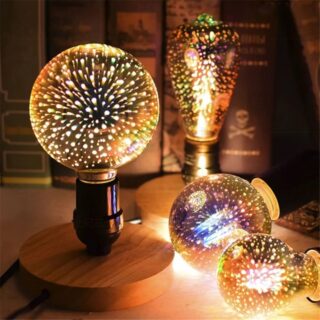 Ampoules Edison au style vintage et avec un effet feux d'artifice dans une bibliothèque