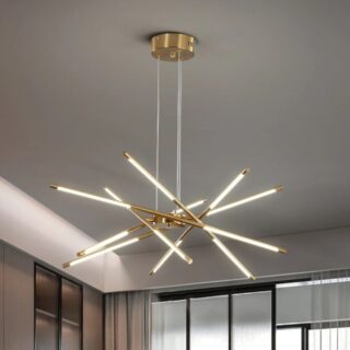 Plafonnier LED doré design avec tiges croisées suspendu au plafond.