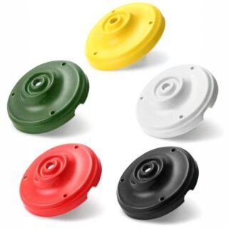 Cache plafonnier design en céramique émaillée de couleur rouge, jaune, vert, blanc ou noir de forme rond et plat.