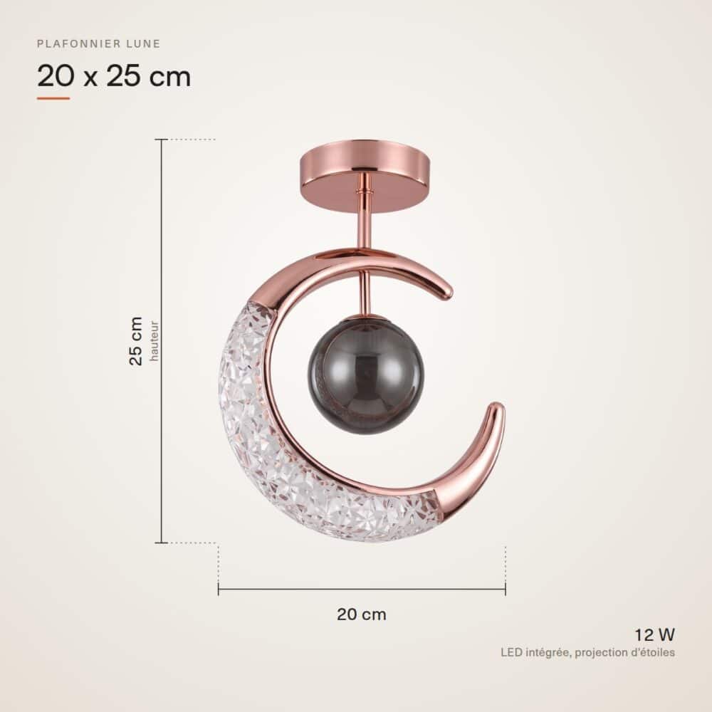 Dimensions du plafonnier lune : 20 cm de large, 25 cm de haut